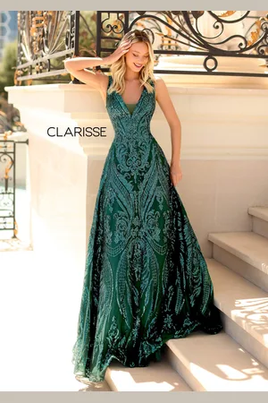 Clarisse 5105 Plunging V-Neck Pattern-Sequined A-Line Gown