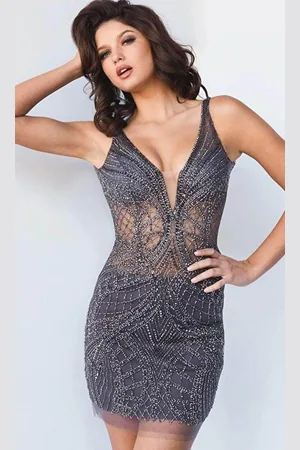JOVANI 05118 - Embellished Sleeveless V-neck Short Dress