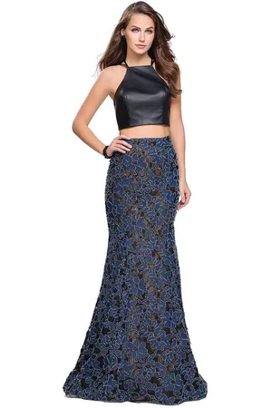 La Femme 25602 Strappy Two Piece Halter Leather and Denim Gown