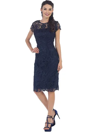 May Queen Short Sleeve Sheer Scalloped Lace Formal Dress