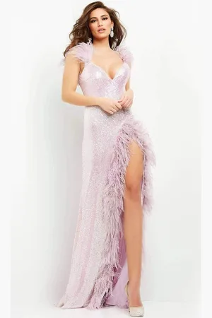 JOVANI 06164 Feather Trimmed High Slit Long Dress