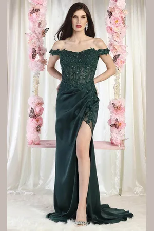 May Queen MQ1962 - Off Shoulder Slit Evening Dress