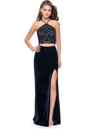 La Femme 26115 Two Piece Halter Lace Velvet Evening Dress