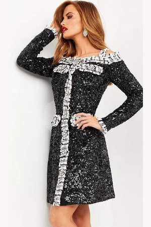 JOVANI M03274 Long Sleeve Sequined Short Dress