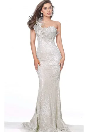 JOVANI 03904 Lace Asymmetric Neck Trumpet Dress