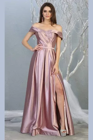 May Queen MQ1781 Surplice Off Shoulder High Slit Metallic Dress