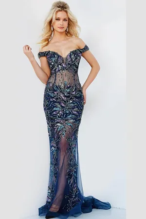 JOVANI 23760 - Off Shoulder Beaded Translucent Gown