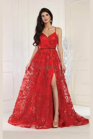 May Queen MQ1787 Embellished V-neck A-line Gown With Slit