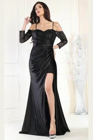 May Queen RQ8016 - Off Shoulder High Slit A Line Dress