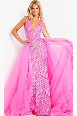 JOVANI 25833 - Plunging Sequined Dress with Tulle Overskirt