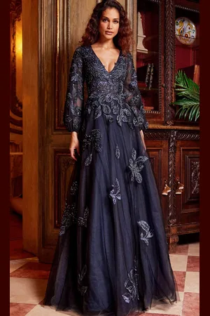 JOVANI 09943 - Embroidered Deep V-Neck Evening Gown