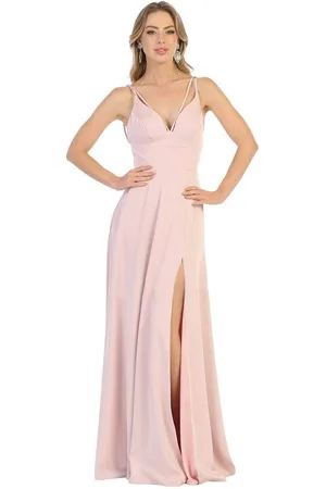 May Queen MQ1704 V NECK SPAGHETTI STRAP HIGH SLIT A-LINE GOWN