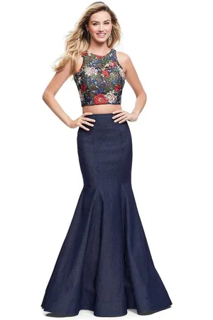 La Femme 25614 Two Piece Floral Applique and Denim Evening Gown