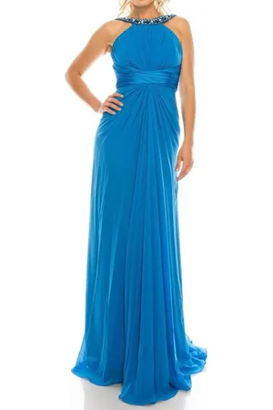 Odrella 1698 Gathered Embellished Halter Crepe Chiffon Evening Dress