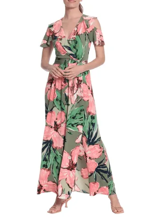 London Times T6230M - Cold Shoulder Floral Maxi Dress