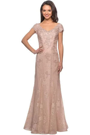 La Femme 28099 V Neck Floral Lace Trumpet Evening Dress
