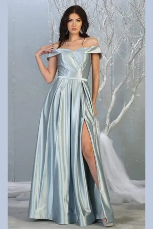 May Queen MQ1781 Surplice Off Shoulder High Slit Metallic Dress