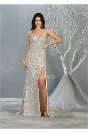 May Queen RQ7852 Sequin Embellished Deep V-Neck Dress with Slit