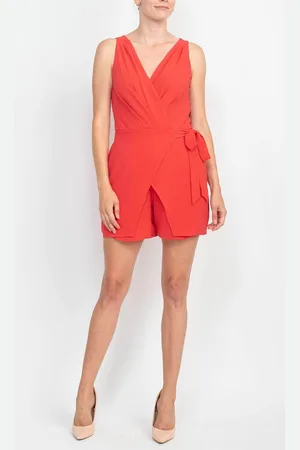 London Times T6390M - Ruched V-Neck Romper