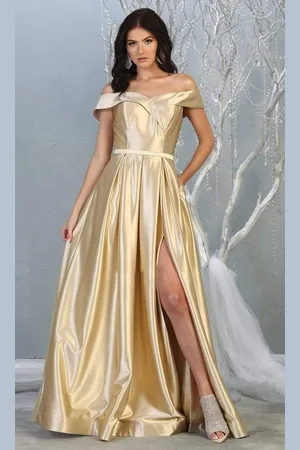 May Queen MQ1781 Surplice Off Shoulder High Slit Metallic Dress