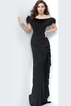 JOVANI 1147 Off-Shoulder Feather Sheath Dress