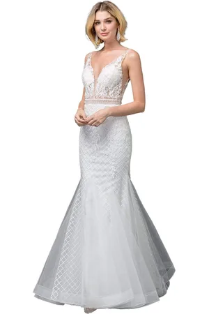 Dancing Queen Bridal 123 Embroidered Deep V-neck Mermaid Dress