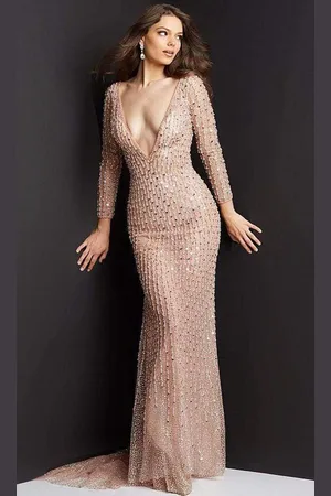 JOVANI 06559 See Through Bejeweled Plunging Gown