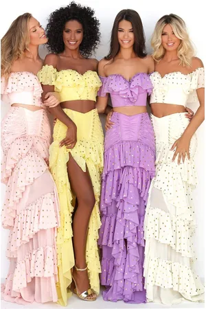 TARIK EDIZ 50623 Off-Shoulder Ruffles Dots Chiffon Two-Piece Dress