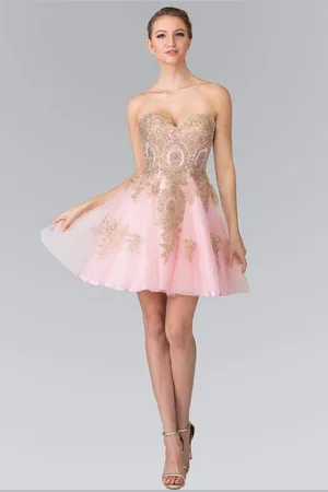 Elizabeth K GS2371 Strapless Sweetheart Gold Lace Applique Dress