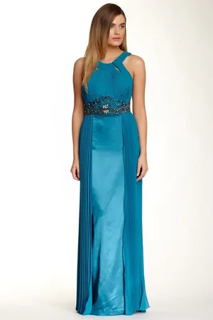 Sue Wong N4312 Pleated Embroidered Empire Waist Sheath Gown
