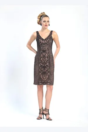 Sue Wong V-Cut Neckline Swirl Patterned Dress N4305