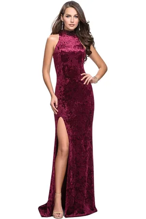 La Femme 25783 Beaded High Halter Velvet Sheath Dress