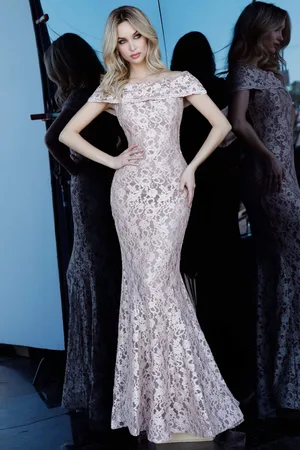 JOVANI 1814 Stretch Lace Off-Shoulder Trumpet Dress