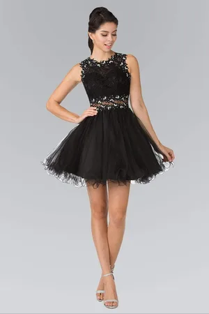 Elizabeth K GS1427 Sleeveless Lace Bodice Short Dress