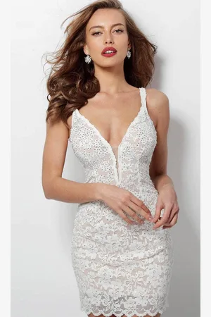 JOVANI 65576 Embellished Lace Deep V-neck Sheath Dress
