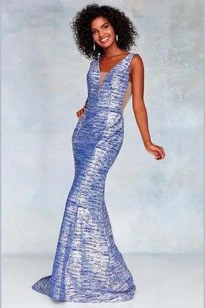 Clarisse 3713 Plunging V-Neck Glitter Knit Mermaid Gown