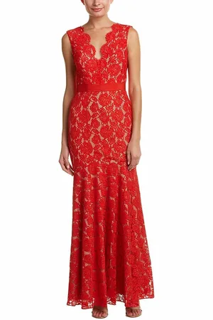 THEIA 883183 Floral Lace Scalloped V-neck Trumpet Dress