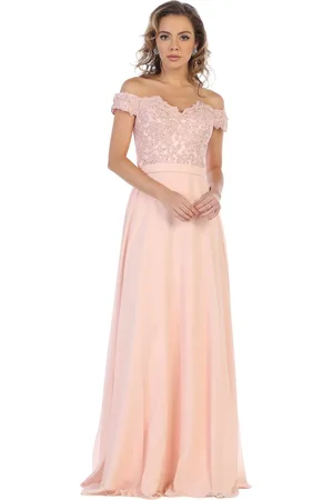 May Queen MQ1601B Applique Off-Shoulder A-line Gown