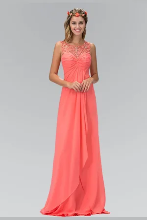 Elizabeth K GL2061 Beaded Illusion Scoop Neck Chiffon Dress