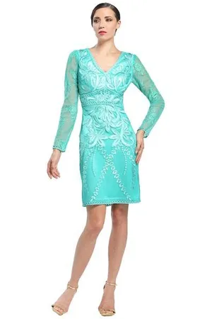 Sue Wong Floral Embroidered Long Sleeve V-Neck Dress N4516