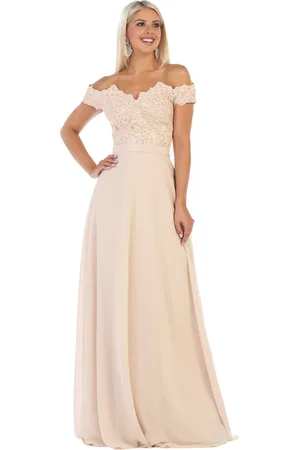 May Queen MQ1601B Applique Off-Shoulder A-line Gown