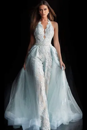 JOVANI 60124 Embellished Lace Halter V-neck Jumpsuit With Overskirt