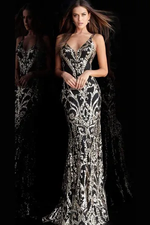 JOVANI 63350 Metallic Sequined Plunging Long Gown