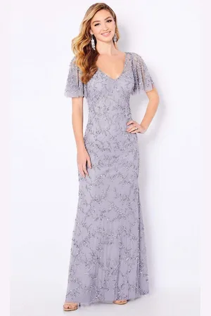 Cameron Blake 221681 Beaded V Neck Long Sheath Dress