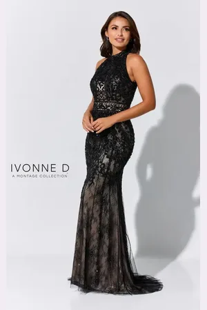 Ivonne D For Mon Cheri - 218D27 Beaded Lace Sheer Halter Fitted Dress