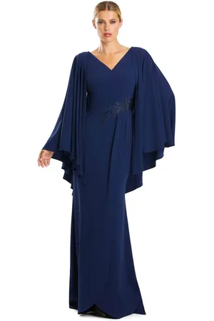 Alexander By Daymor 1854F23 - Pleated Cape Sleeve Column Long Dress