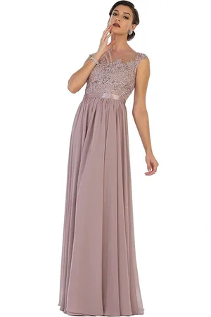 May Queen Dainty Cap Sleeve Lace Applique Illusion Prom Gown