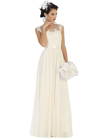 May Queen Dainty Cap Sleeve Lace Applique Illusion Prom Gown