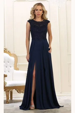 May Queen MQ1563B Bateau A-Line Dress with Slit