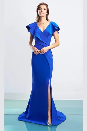 Alexander By Daymor 1456 Cap Sleeves V-Neck Trumpet Gown With Slit